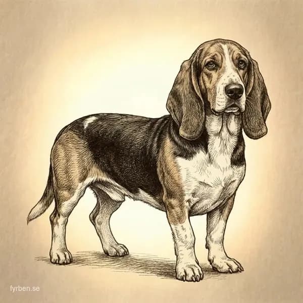 Basset Artésien Normand - en elegant fransk basset med långa öron och tricolor-färgad päls
