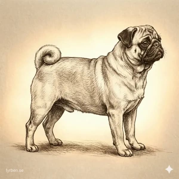 Mops - en liten sällskapshund med karaktäristiskt platt ansikte och rynkig panna