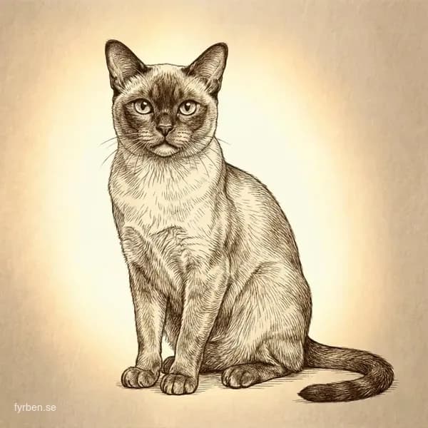 Burma (Burmese) katt med glänsande brun päls och gyllene ögon
