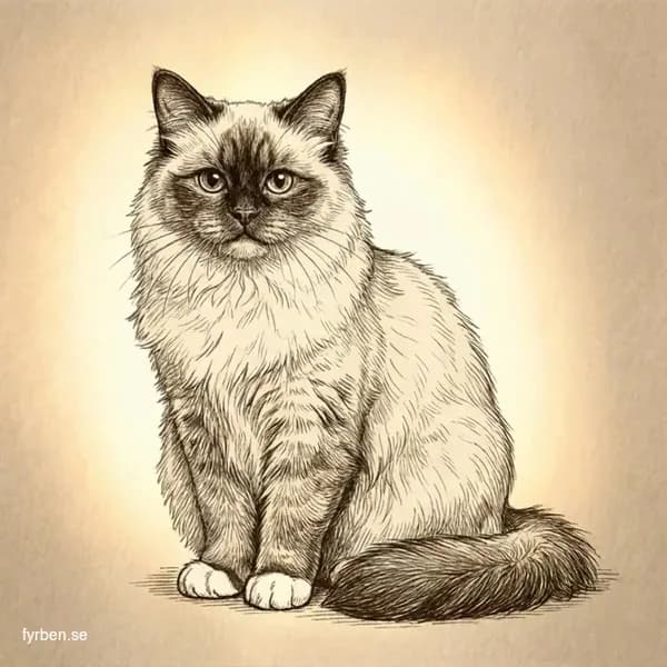 Helig birma - en elegant katt med sidenlen maskteckning, djupblå ögon och karakteristiska vita handskar
