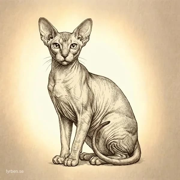 Peterbald - en elegant hårlös orientalisk katt med stora öron och intelligent uttryck