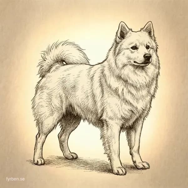 American Eskimo Dog - en vit spetshund med intelligent uttryck och fluffig päls