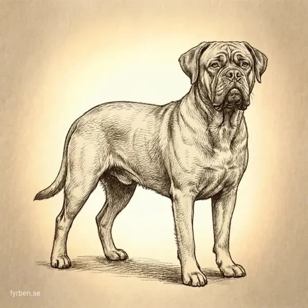Dogue de Bordeaux - en kraftfull fransk mastiff med karaktäristiskt massivt huvud och rynkigt ansikte