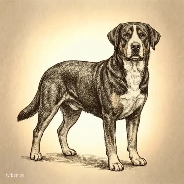 Grosser Schweizer Sennenhund - en stor, kraftfull trefärgad hund med kort päls