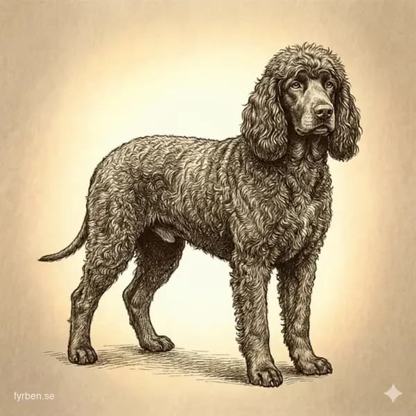 Irish Water Spaniel - en atletisk irländsk vattenhund med lockig leverfärgad päls och karakteristisk råttsvans