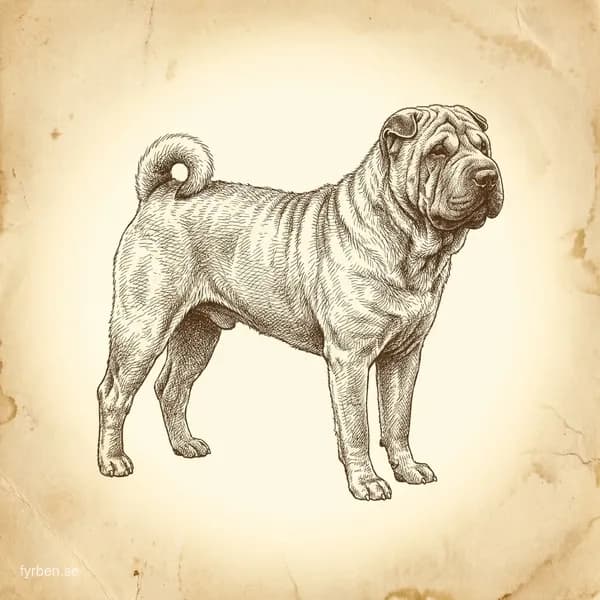 Shar Pei - en karakteristisk kinesisk hundras med djupa hudveck och blåsvart tunga